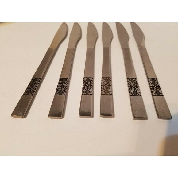Vintage Set of 6 Satin Swirl Flatware Stainless Steel Japan Dinner Knives - Picture 2 of 4
